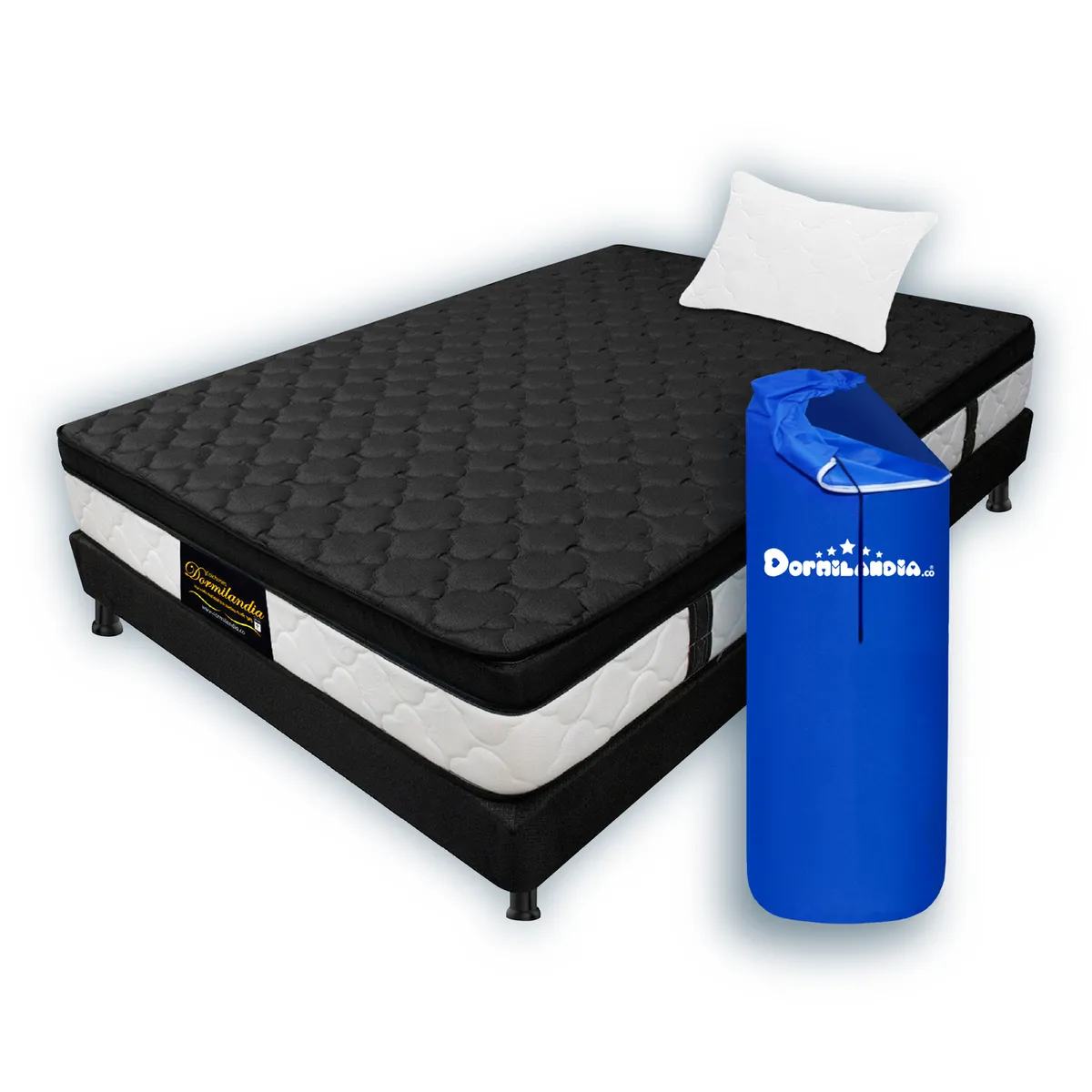 DORMILANDIA - Colchón con Base Cama Sencillo Firmeza Media Ortopédico Resortado con Pillow Dublín 100 x 190 cm + Almohada Dormilandia
