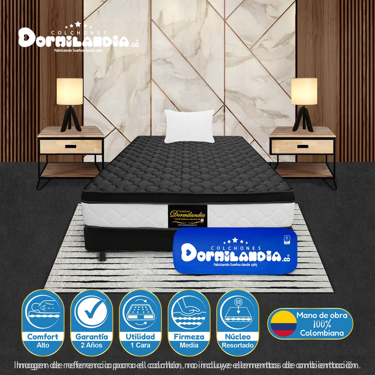 DORMILANDIA - Colchón con Base Cama Sencillo Firmeza Media Ortopédico Resortado con Pillow Dublín 100 x 190 cm + Almohada Dormilandia