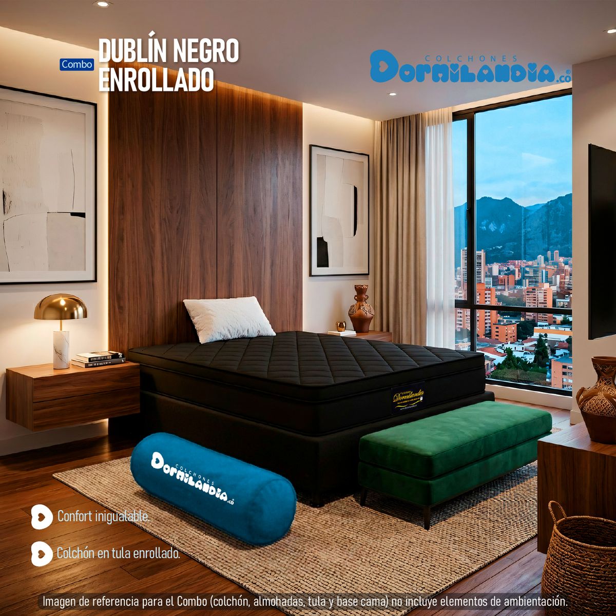 DORMILANDIA - Colchón con Base Cama Sencillo Firmeza Media Ortopédico Resortado con Pillow Dublín 100 x 190 cm + Almohada Dormilandia
