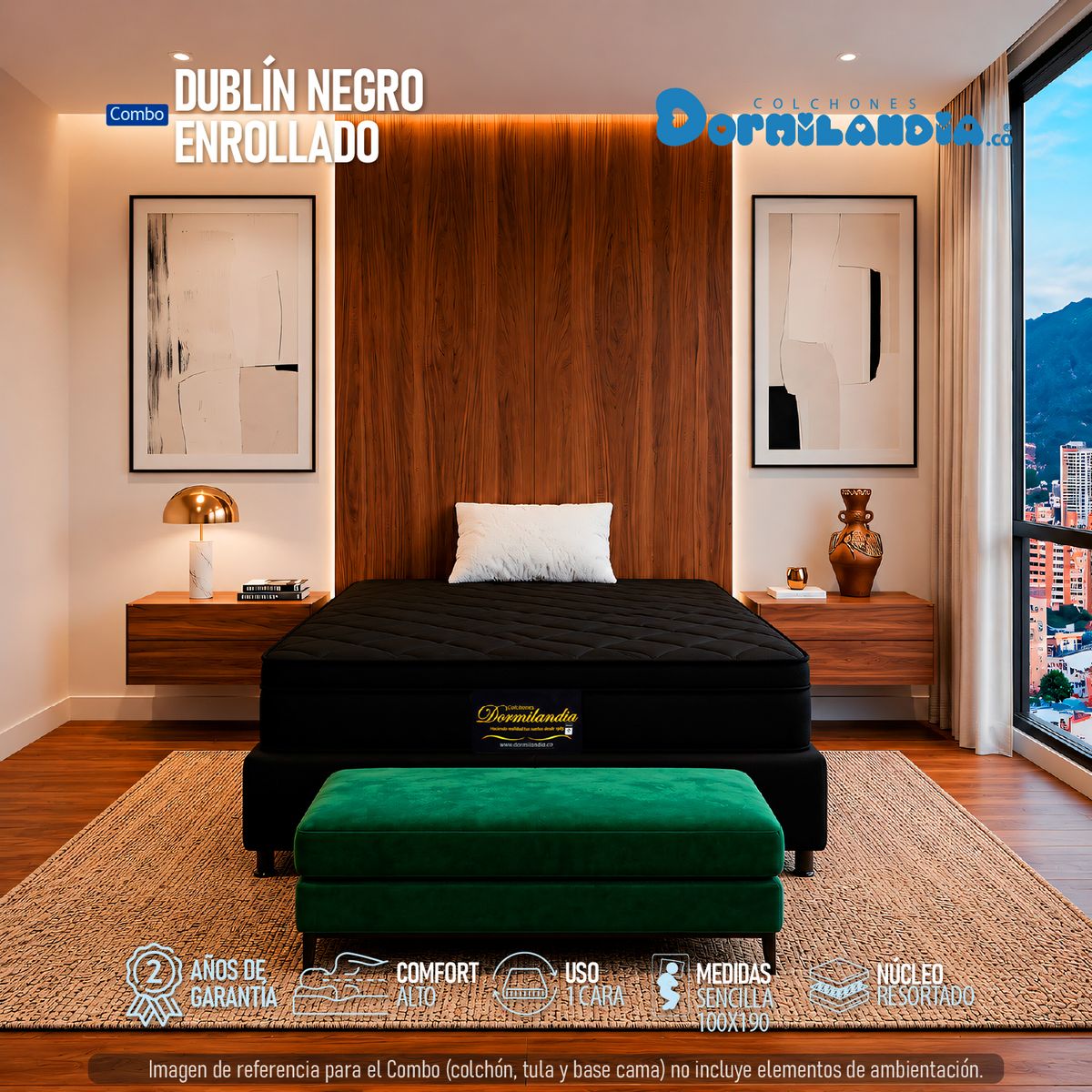 DORMILANDIA - Colchón con Base Cama Sencillo Firmeza Media Ortopédico Resortado con Pillow Dublín 100 x 190 cm + Almohada Dormilandia