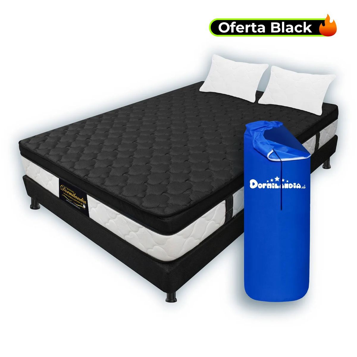 DORMILANDIA - Colchón con Base Cama Semidoble Firmeza Media Ortopédico Resortado con Pillow Dublín 120 x 190 cm + 2 Almohadas Dormilandia