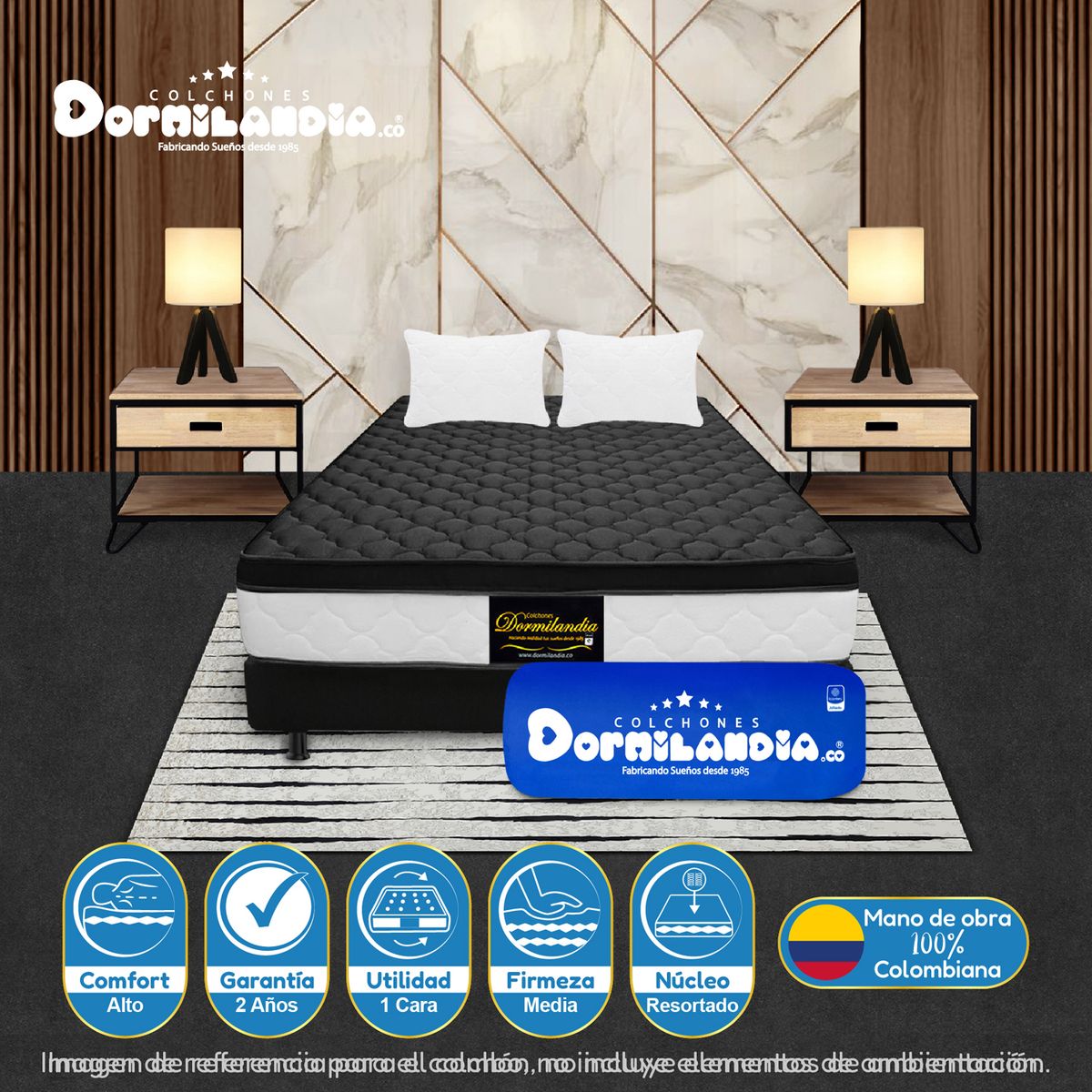 DORMILANDIA - Colchón con Base Cama cama Doble Firmeza Media Ortopédico Resortado con Pillow Dublín 140 x 190 cm + 2 Almohadas Dormilandia