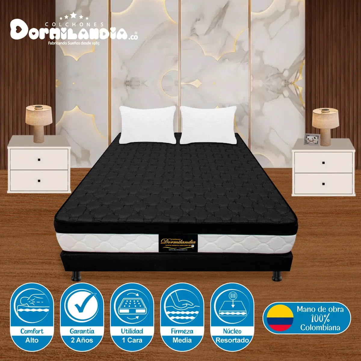 DORMILANDIA - Colchón con Base Cama King Firmeza Media Ortopédico Resortado con Pillow Dublín 200 x 200 cm + 2 Almohadas Dormilandia