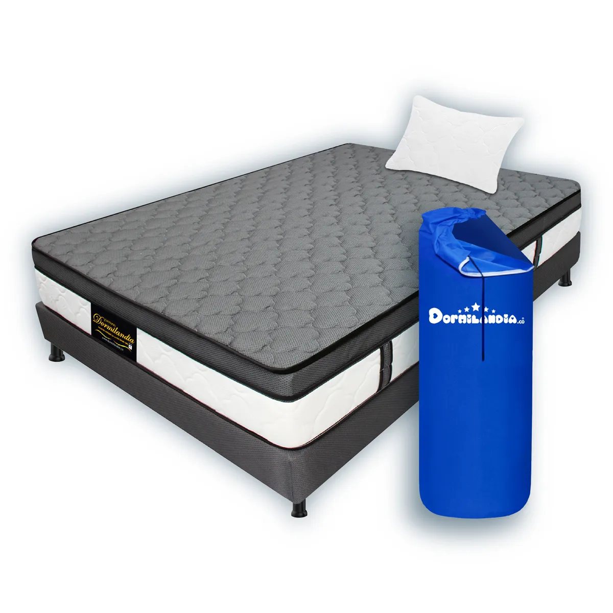 DORMILANDIA - Colchón con Base Cama Sencillo Firmeza Media Ortopédico Resortado con Pillow Dublín 100 x 190 cm + Almohada Dormilandia