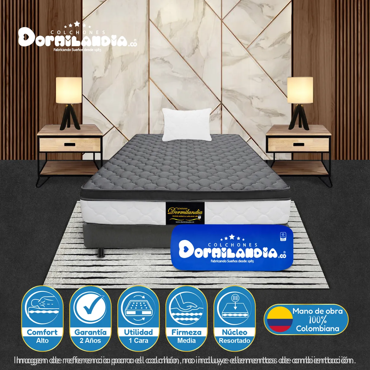 DORMILANDIA - Colchón con Base Cama Sencillo Firmeza Media Ortopédico Resortado con Pillow Dublín 100 x 190 cm + Almohada Dormilandia