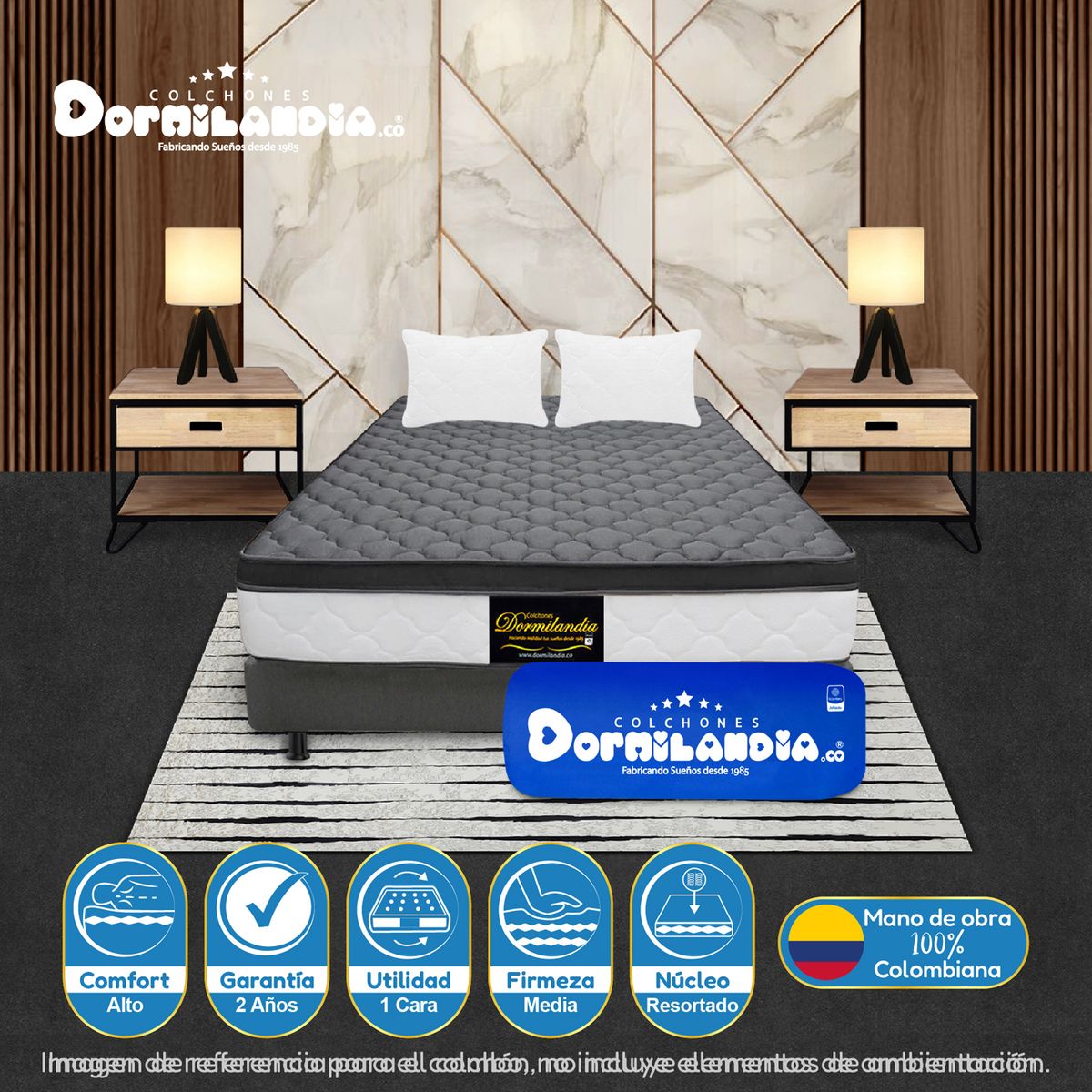 DORMILANDIA - Colchón con Base Cama Semidoble Firmeza Media Ortopédico Resortado con Pillow Dublín 120 x 190 cm + 2 Almohadas Dormilandia