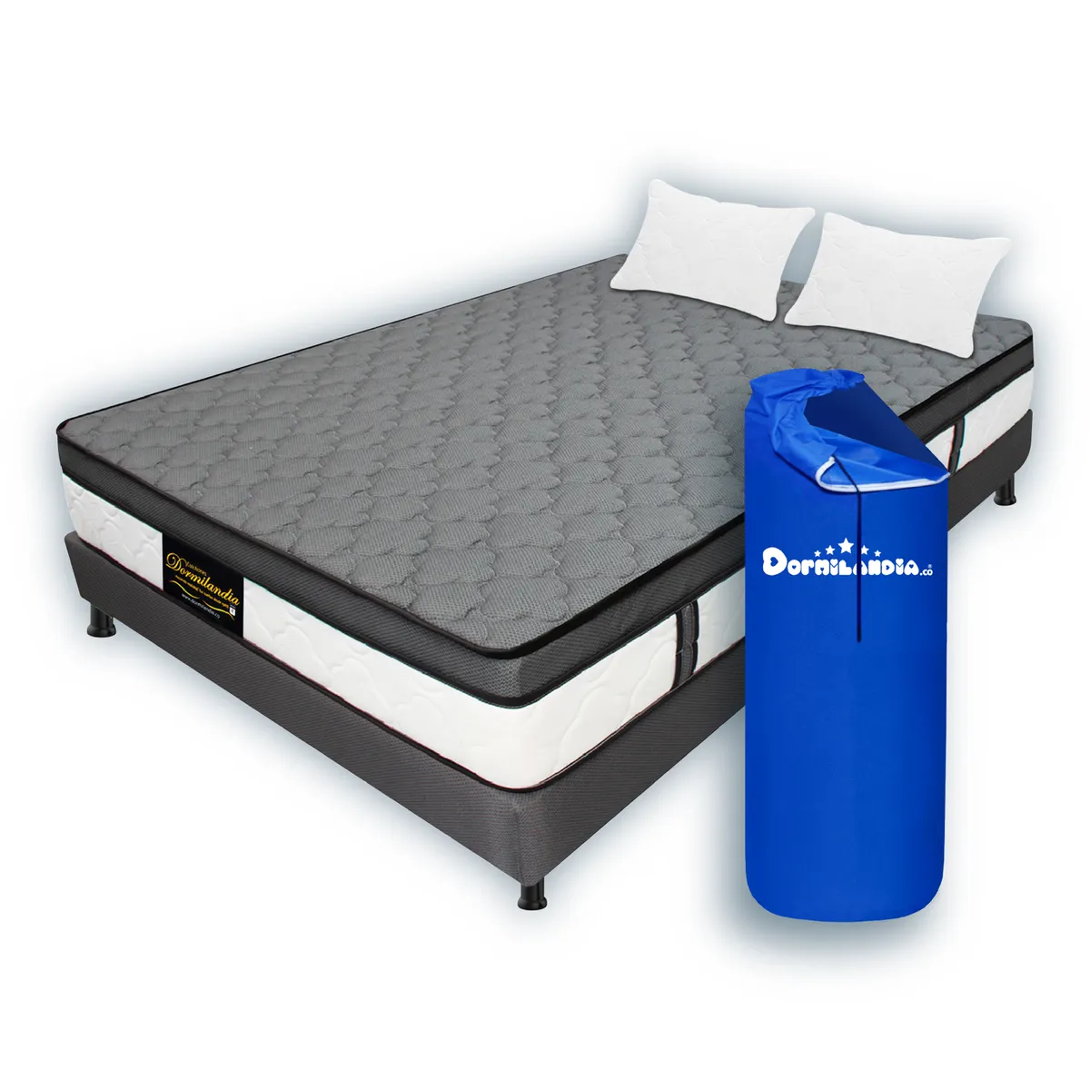 DORMILANDIA - Colchón con Base Cama cama Doble Firmeza Media Ortopédico Resortado con Pillow Dublín 140 x 190 cm + 2 Almohadas Dormilandia