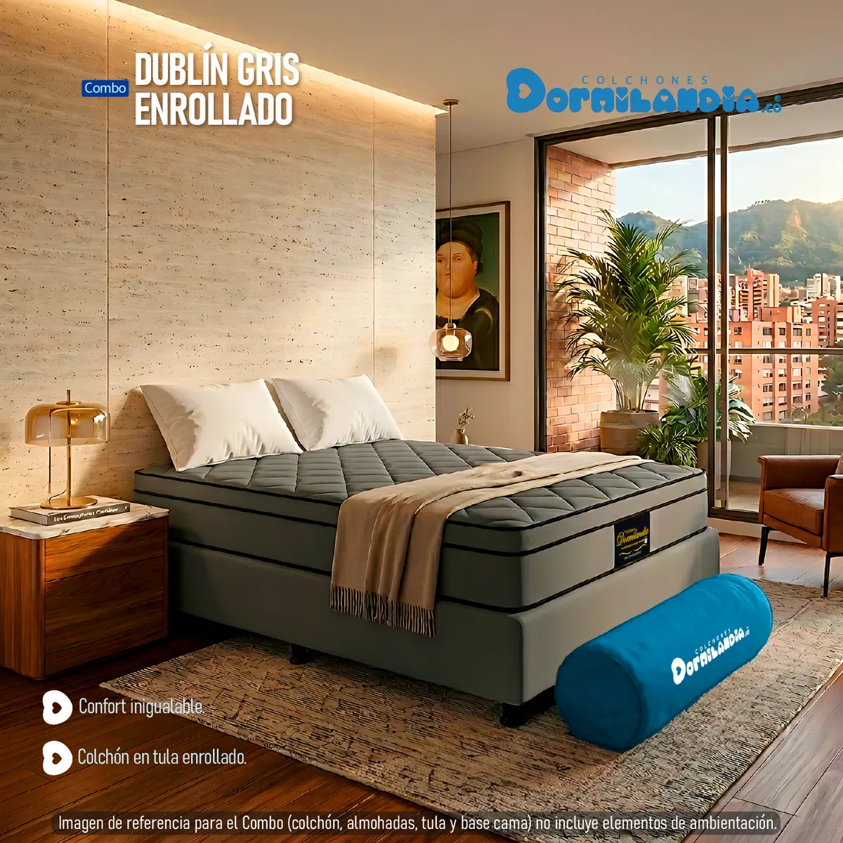 DORMILANDIA - Colchón con Base Cama Queen Firmeza Media Ortopédico Resortado con Pillow Dublín 160 x 190 cm + 2 Almohadas Dormilandia