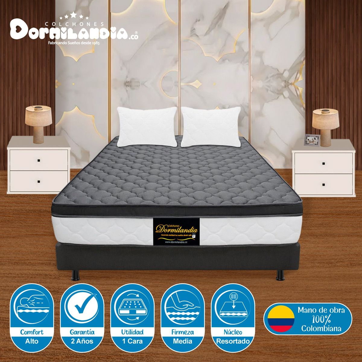 DORMILANDIA - Colchón con Base Cama King Firmeza Media Ortopédico Resortado con Pillow Dublín 200 x 200 cm + 2 Almohadas Dormilandia