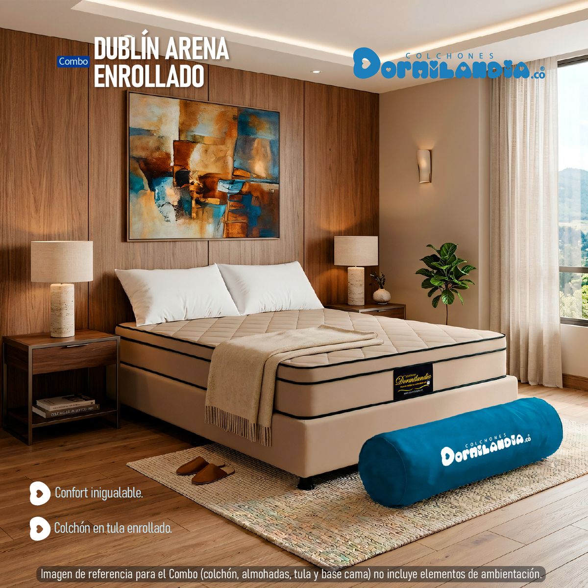 DORMILANDIA - Colchón con Base Cama Semidoble Firmeza Media Ortopédico Resortado con Pillow Dublín 120 x 190 cm + 2 Almohadas Dormilandia