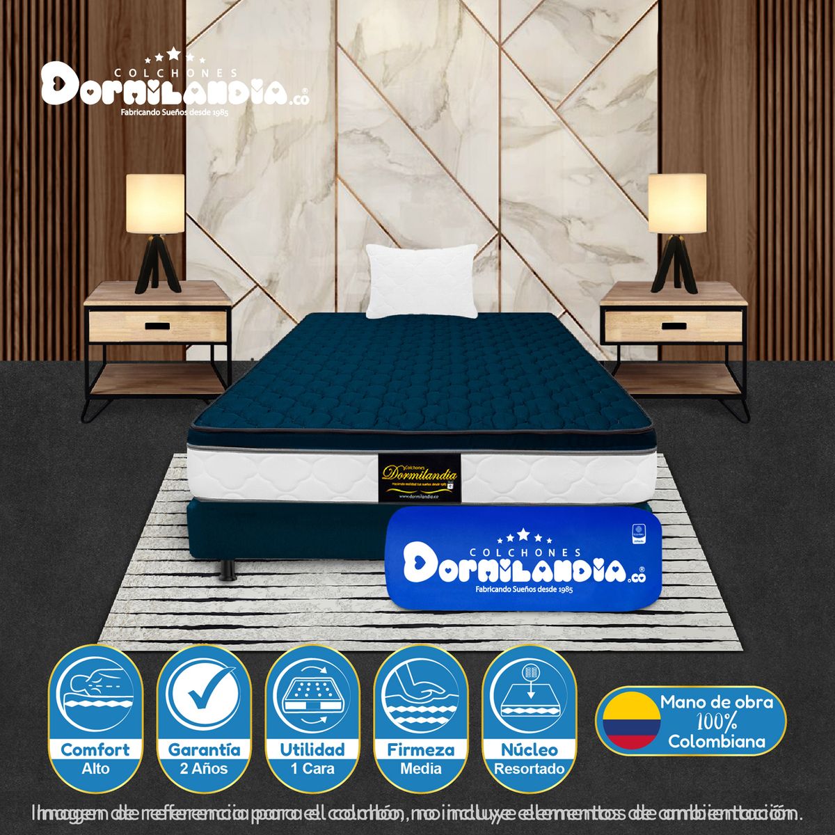 DORMILANDIA - Colchón con Base Cama Sencillo Firmeza Media Ortopédico Resortado con Pillow Dublín 100 x 190 cm + Almohada Dormilandia