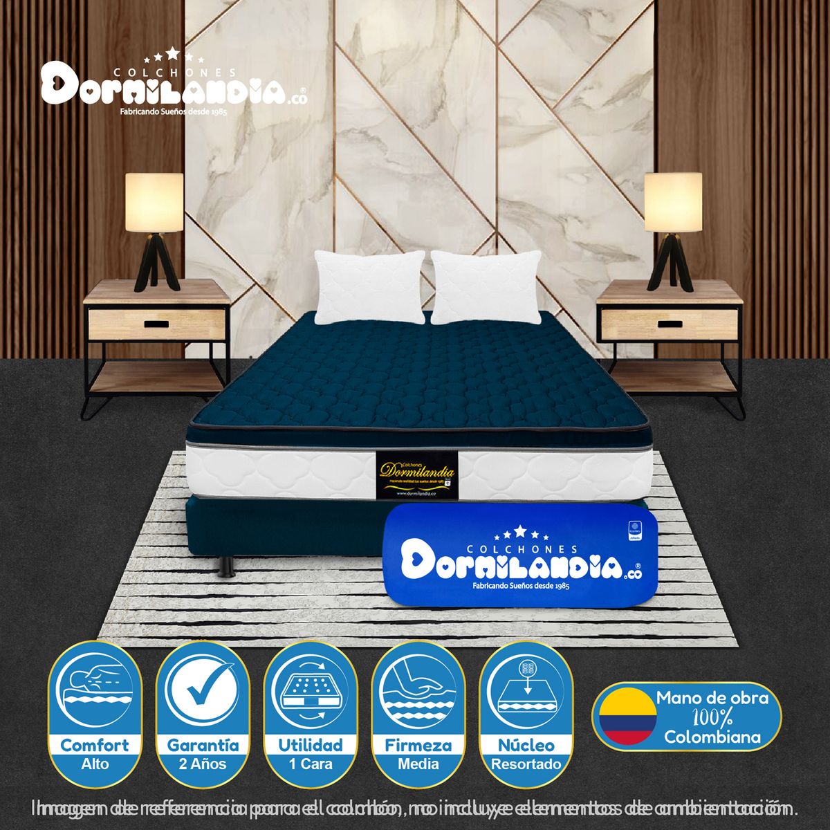 DORMILANDIA - Colchón con Base Cama cama Doble Firmeza Media Ortopédico Resortado con Pillow Dublín 140 x 190 cm + 2 Almohadas Dormilandia