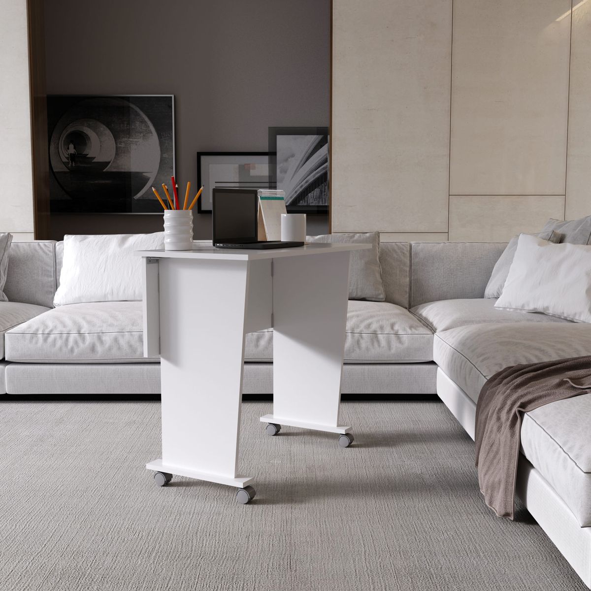 MUEBLES 2020 - Escritorio Plegable Chicago Blanco con Ruedas y Multifuncional