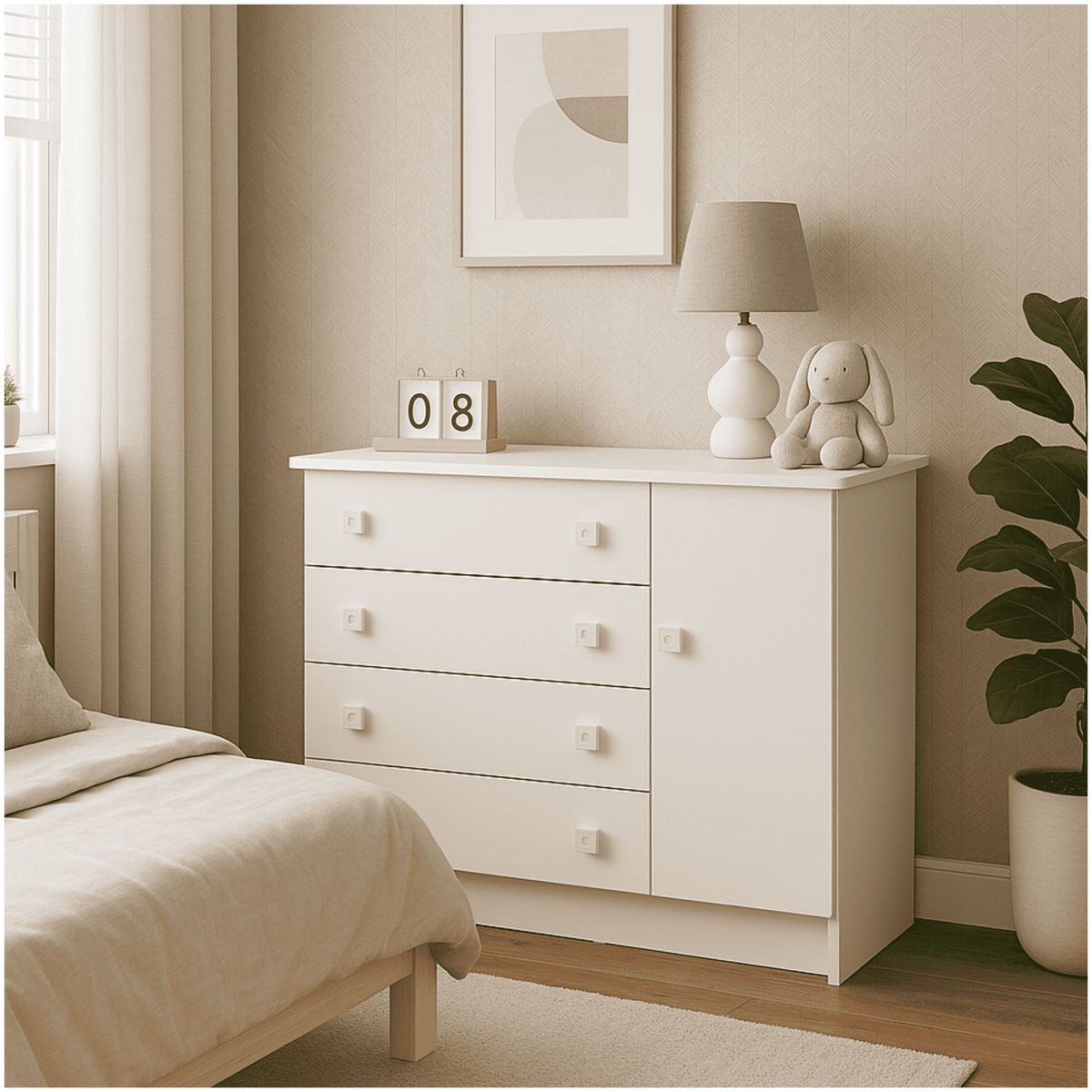 MUEBLES 2020 - Cómoda San Pablo en MDP, con 4 Cajones y 1 Puerta color Blanco