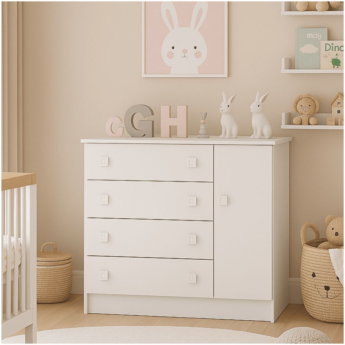 MUEBLES 2020 - Cómoda San Pablo en MDP, con 4 Cajones y 1 Puerta color Blanco