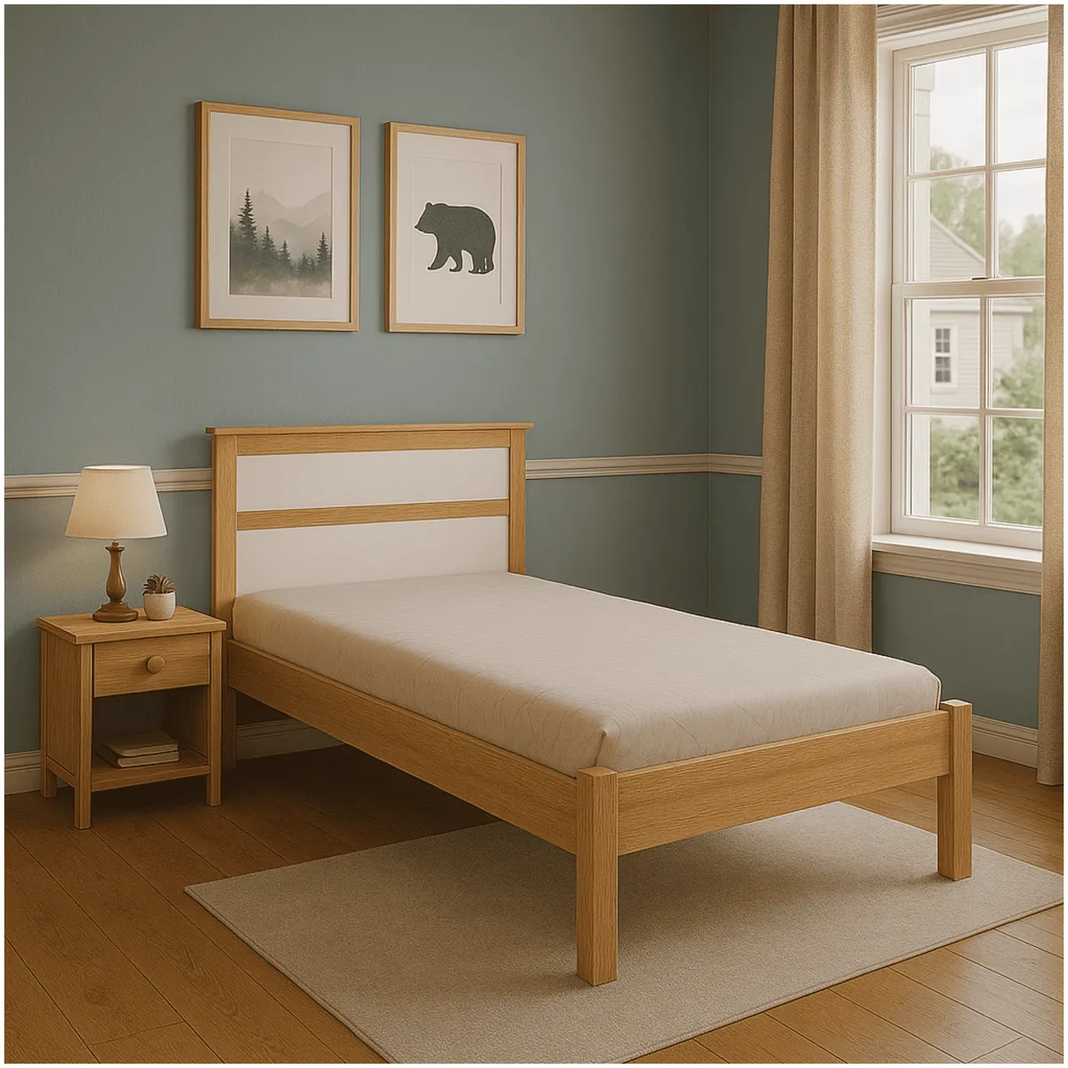 MUEBLES 2020 - Cama Sencilla Viena Almendra Blanca Minimalista en MDP y Madera de eucalipto