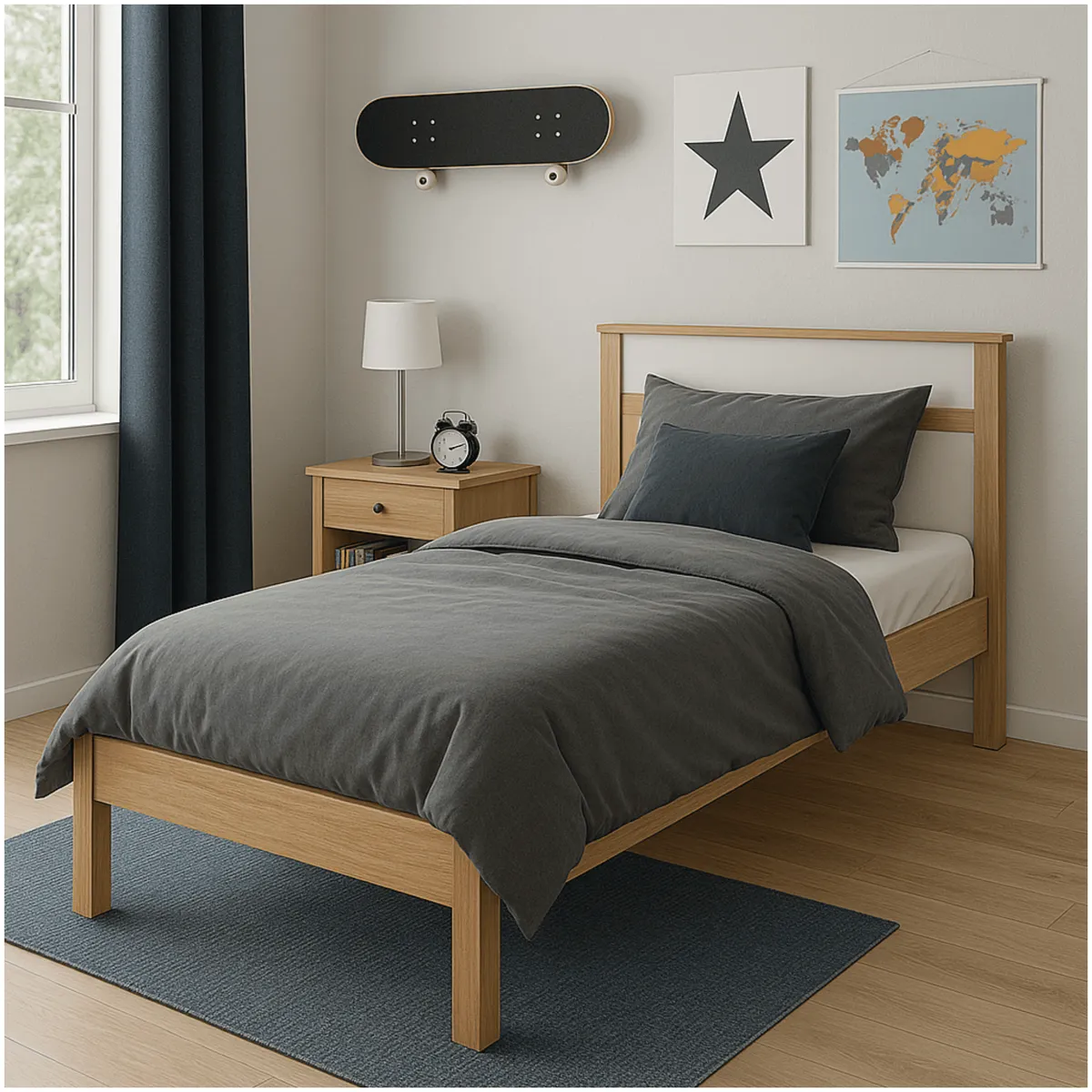MUEBLES 2020 - Cama Sencilla Viena Almendra Blanca Minimalista en MDP y Madera de eucalipto