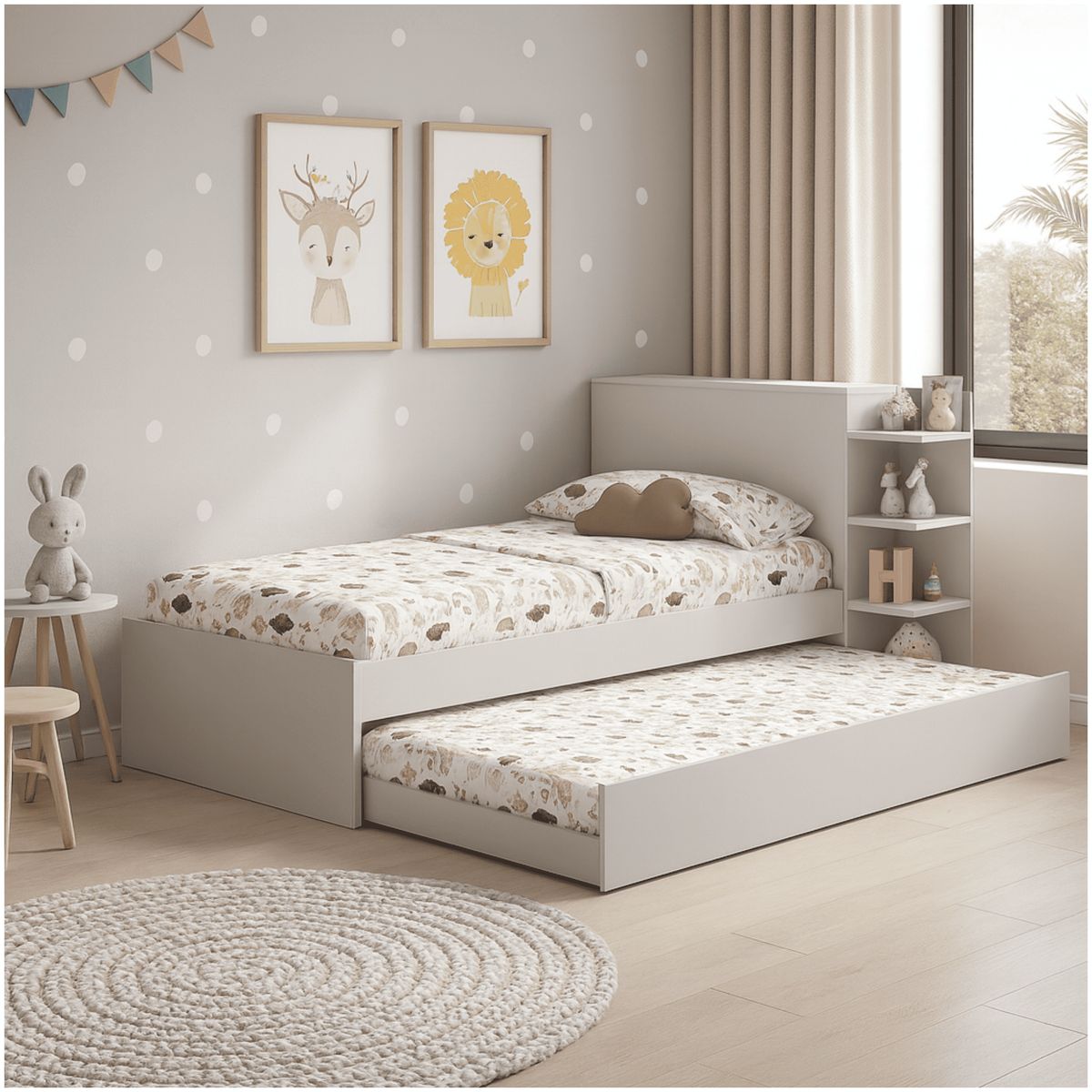 MUEBLES 2020 - Cama Multifuncional Gea Blanca con Cama Auxiliar Estantes y Espacio en cabecero