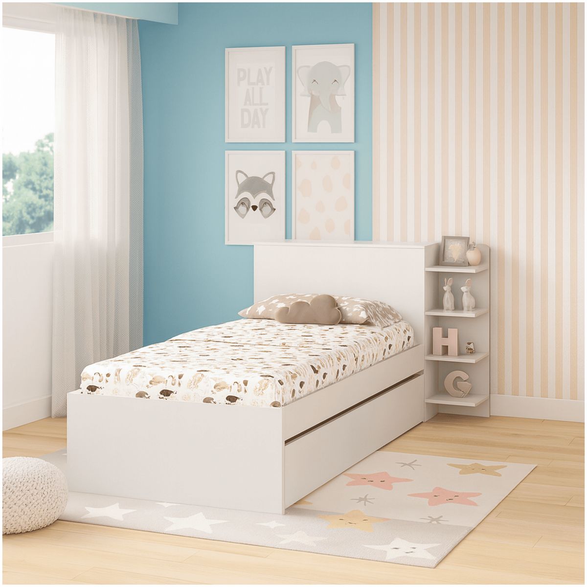 MUEBLES 2020 - Cama Multifuncional Gea Blanca con Cama Auxiliar Estantes y Espacio en cabecero