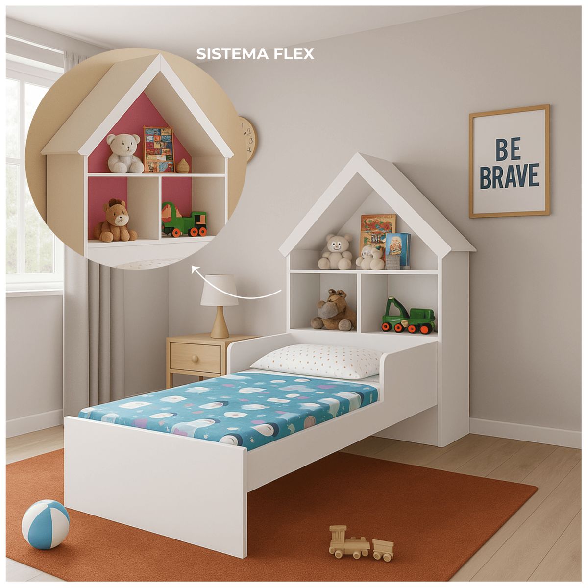 MUEBLES 2020 - Cama Infantil Ariel BlancaRosada con Cabecero Casita y Estantes