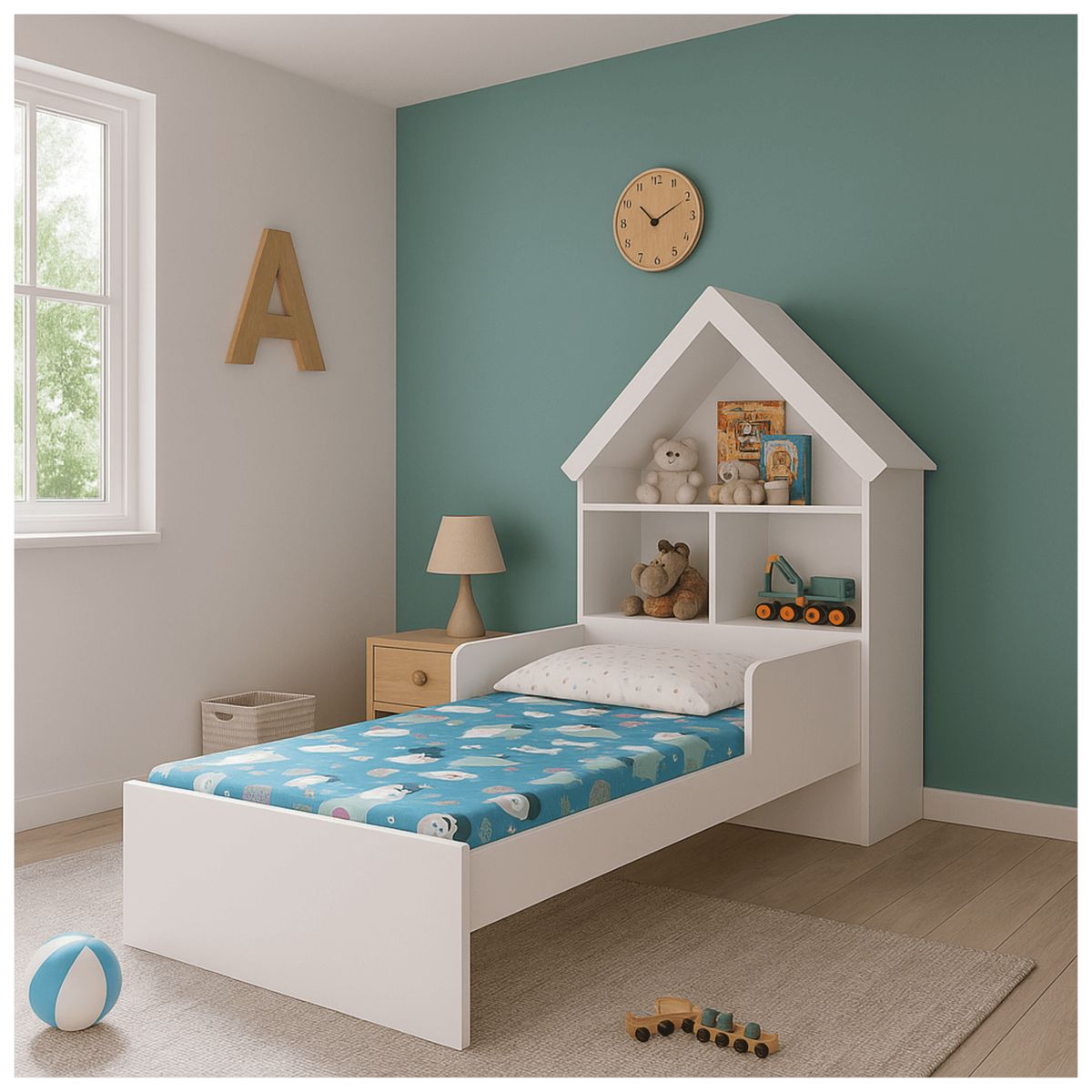 MUEBLES 2020 - Cama Infantil Ariel BlancaRosada con Cabecero Casita y Estantes