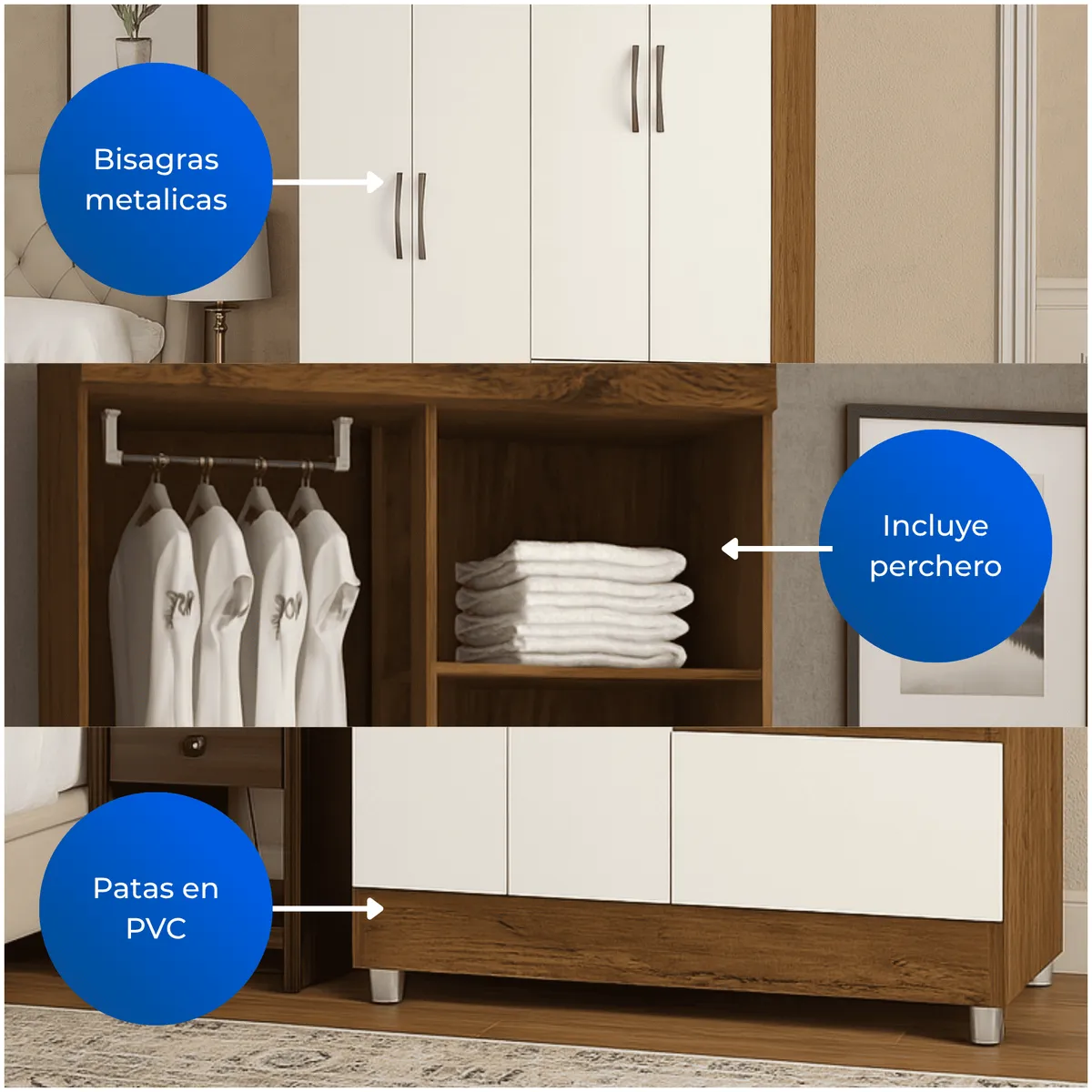 MUEBLES 2020 - Clóset 4 Puertas 2 Cajones Bonic Marrón Blanco Apagado_.