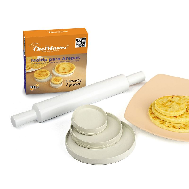 CHEF MASTER - Moldes x3 para arepas + rodillo 24 cm amasar chef