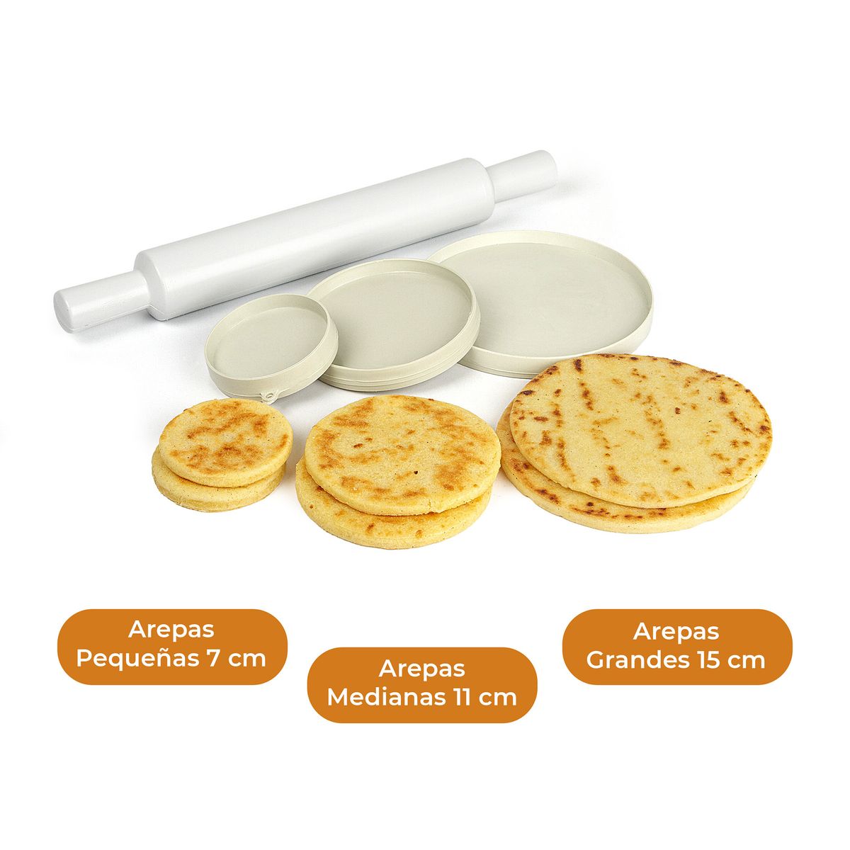 CHEF MASTER - Moldes x3 para arepas + rodillo 24 cm amasar chef