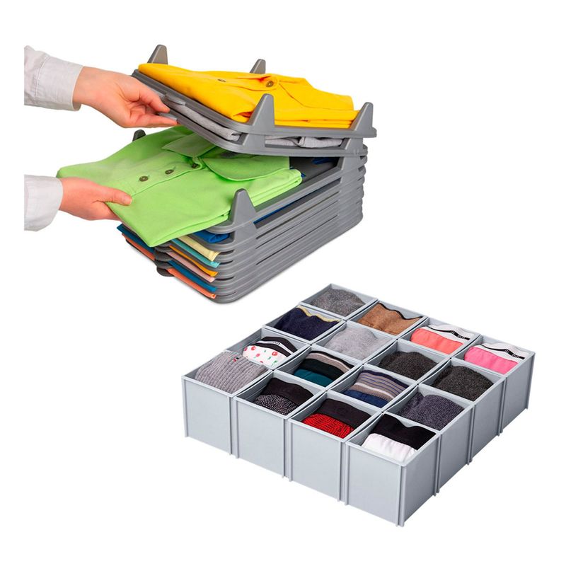 ENERGY PLUS - Combo: Organizador Ropa x10 unds Gris + 1 Cubo Organizador