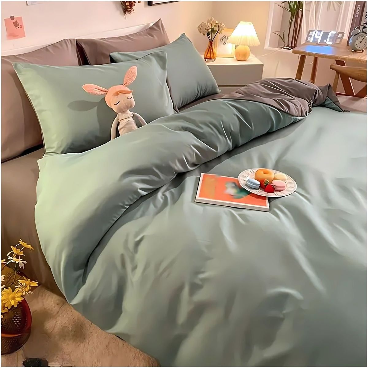 KARYTEX - Funda Duvet Unicolor Doble Faz Cama Doble Verde-Gris.