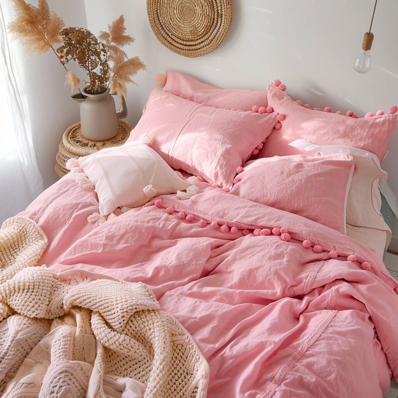 KARYTEX - Funda Duvet Liso Cama Sencilla Color Rosa - Borlas Rosas.