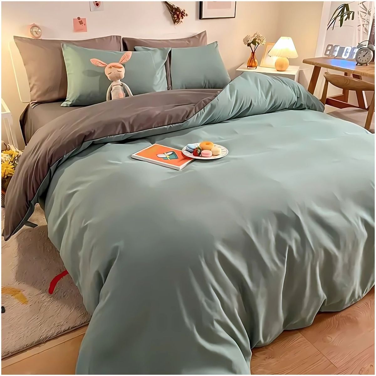 KARYTEX - Funda Duvet Unicolor Doble Faz Cama Sencilla Verde-Gris.