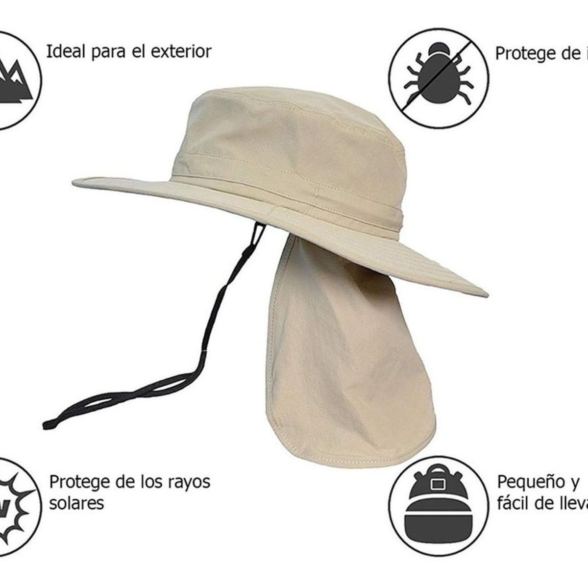 VELBROS - Sombrero Pescador Pesquero Safari Cuello Solapa Deporte - Negro