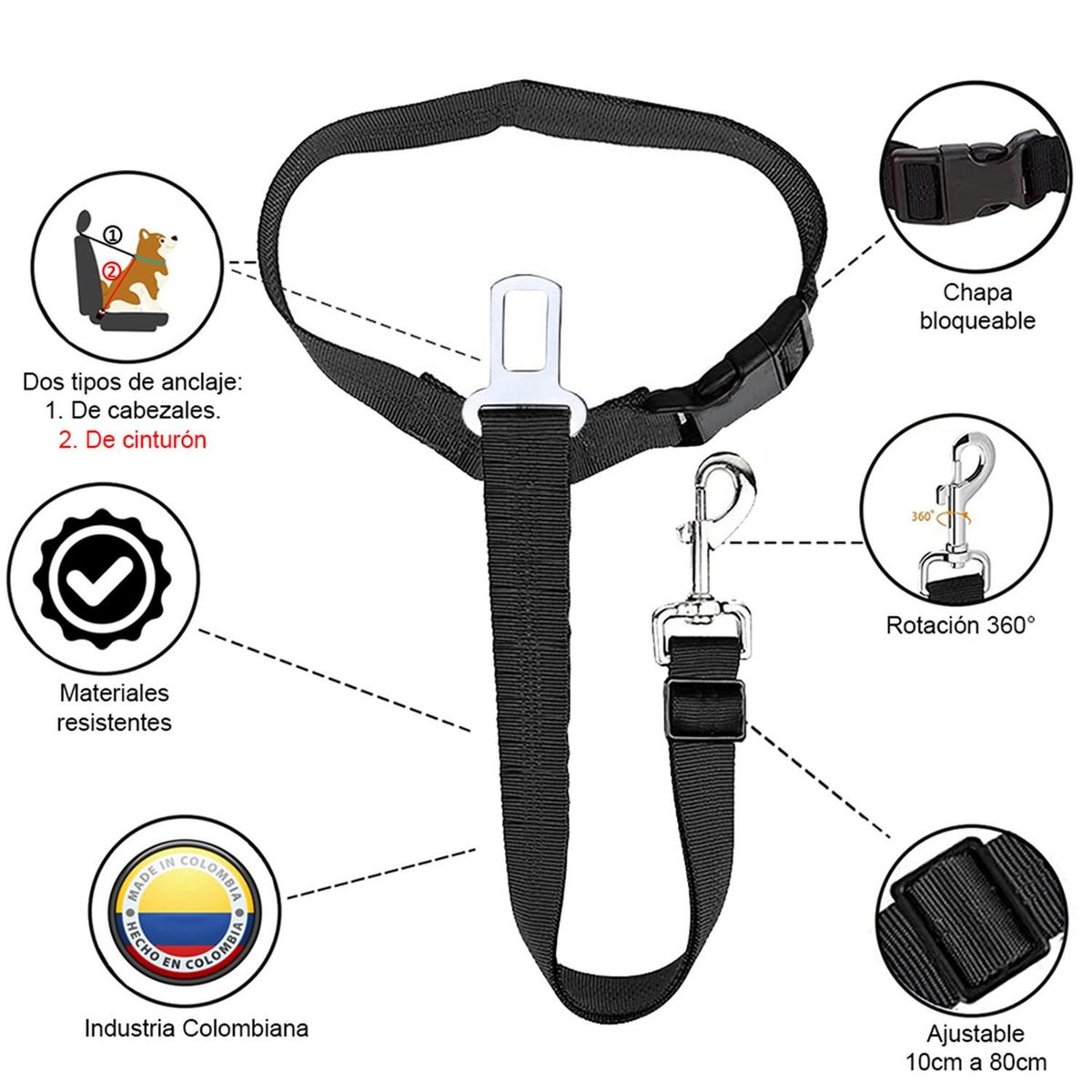 VELBROS - Cinturon Seguridad Perro Mascota Carro Correa Collar Arnes