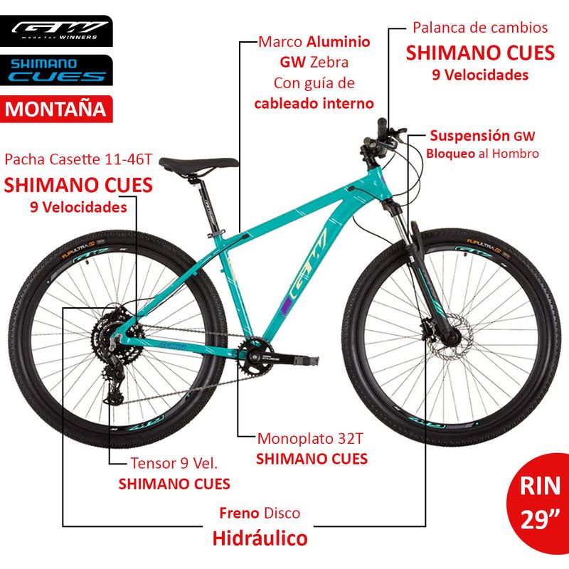 GW - Bicicleta de Montaña GW Zebra Rin 29 Shimano 9 Vel. talla M