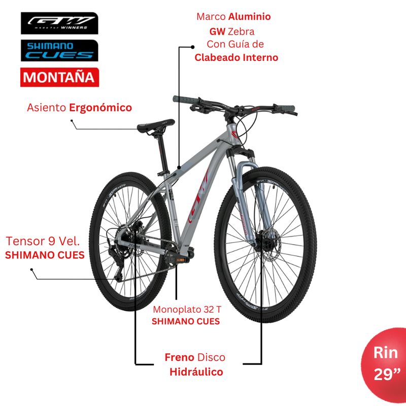 GW - Bicicleta de Montaña GW Zebra Rin 29 Shimano 9 Vel. Talla M