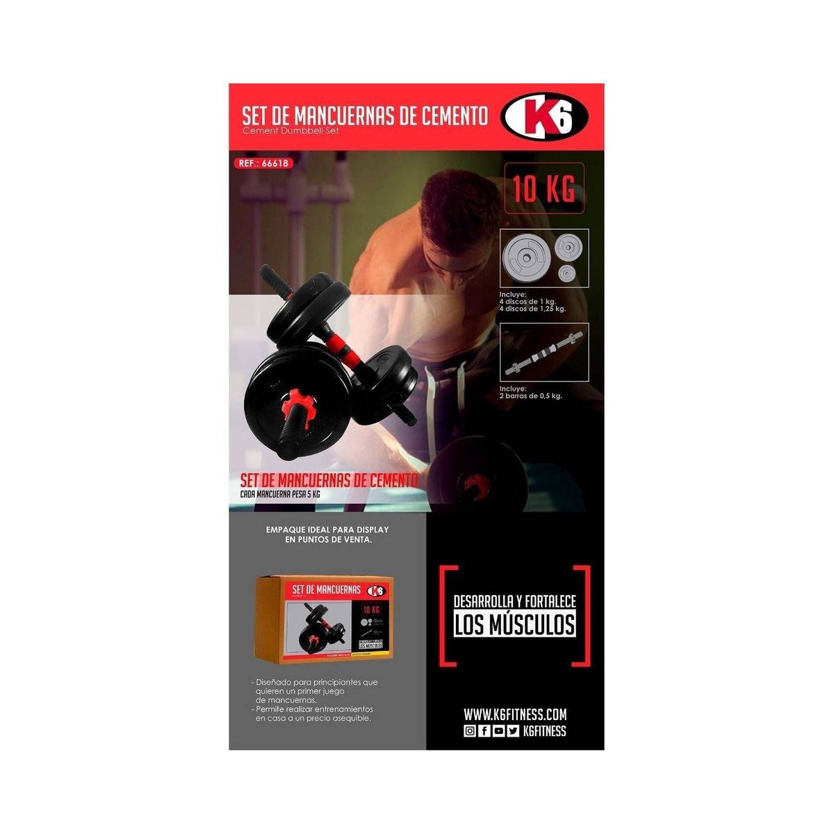 K6 - Kit Mancuernas x2 5kg Pesas Encauchetada De Cemento K6
