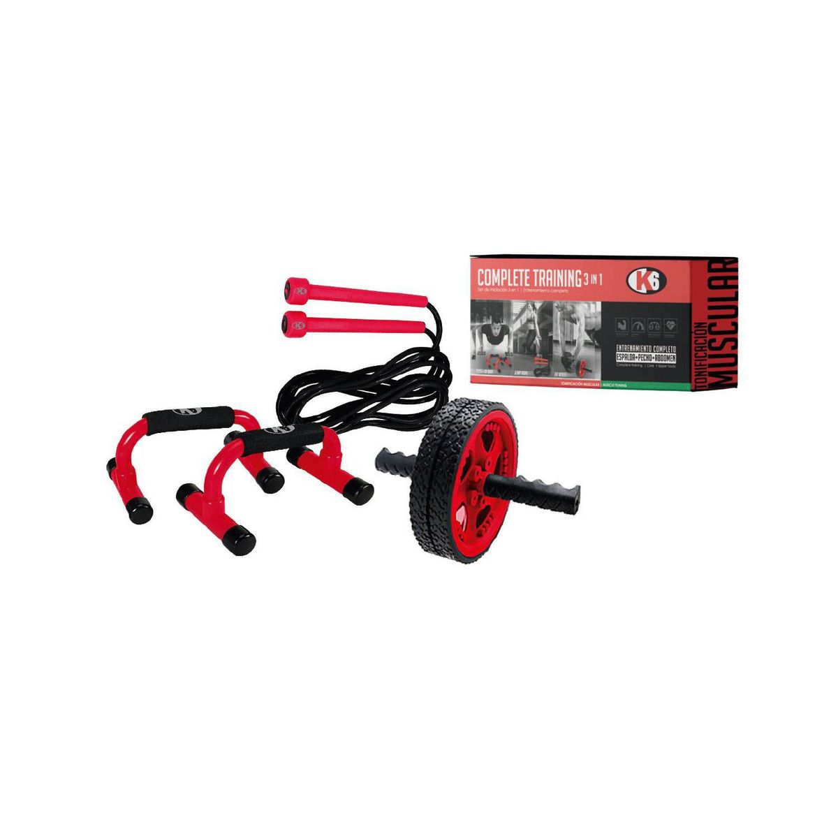 K6 - Kit Entrenamiento 3 En 1 Rueda Abdominal Lazo Y Flexiones K6