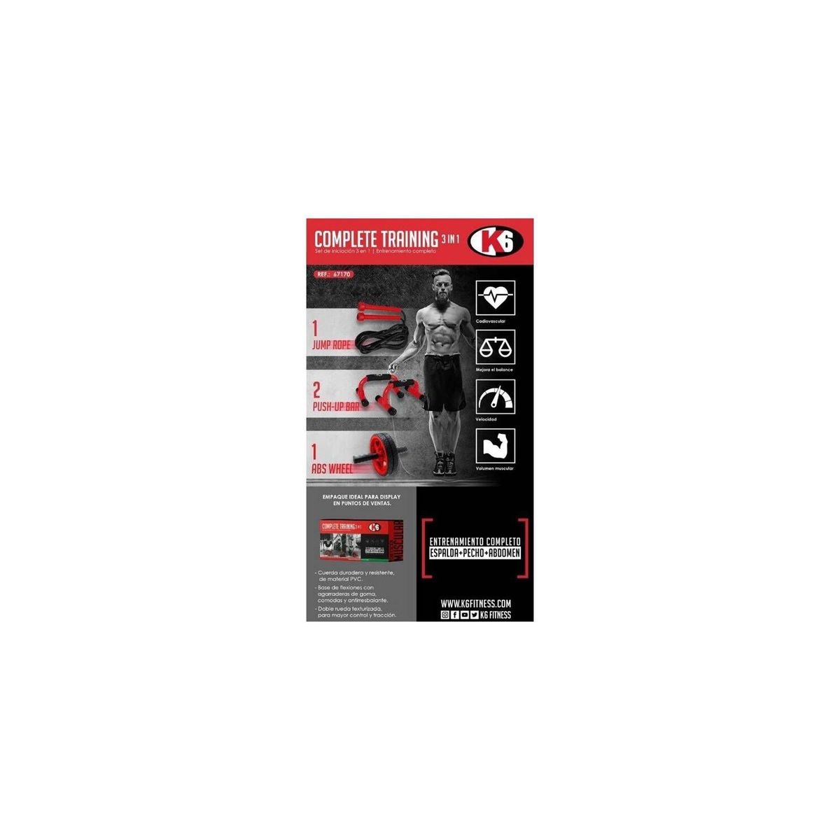K6 - Kit Entrenamiento 3 En 1 Rueda Abdominal Lazo Y Flexiones K6