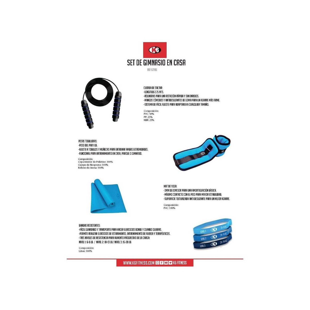 K6 - Combo Mat Yoga Tapete Ejercicio Pilates K6 Fit Kit 4x1 3mm