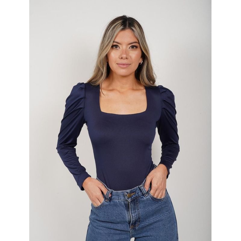 MOLGOA - Body para Mujer Escote Cuadrado Manga Bombacha - Bianco Azul Noche