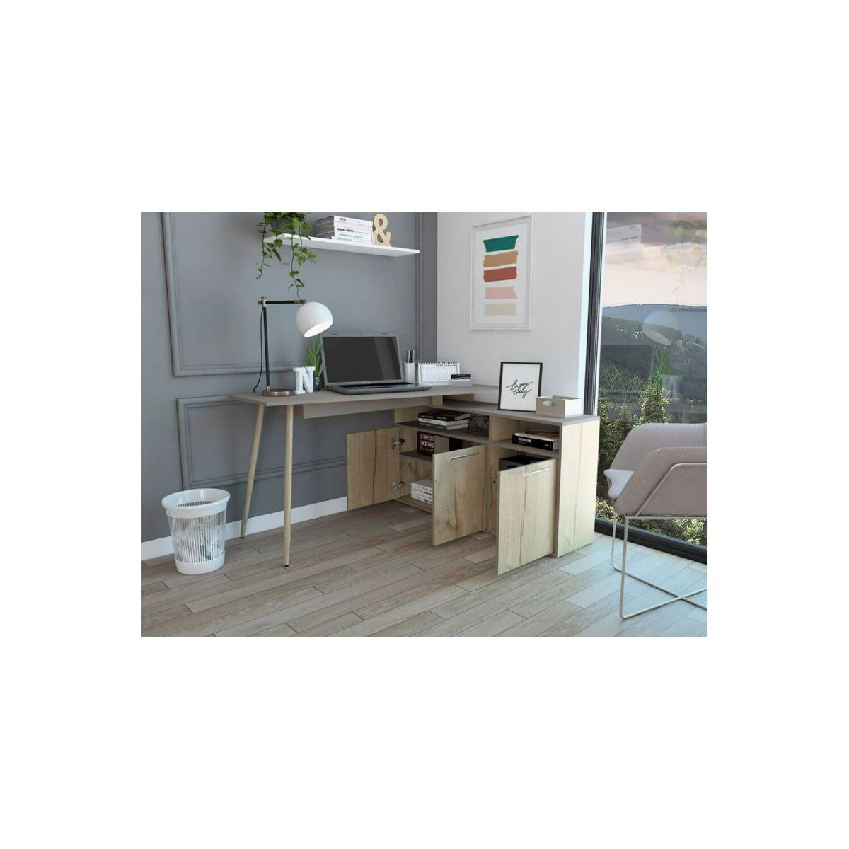 RTA DESIGN - Escritorio en l yeko, café claro, con 3 puertas