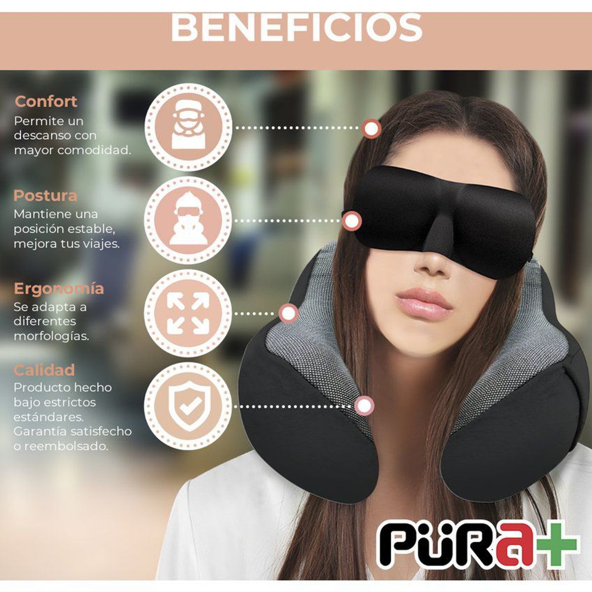PURA - Kit almohada memory cuello  antifaz  tapaoidos viajes