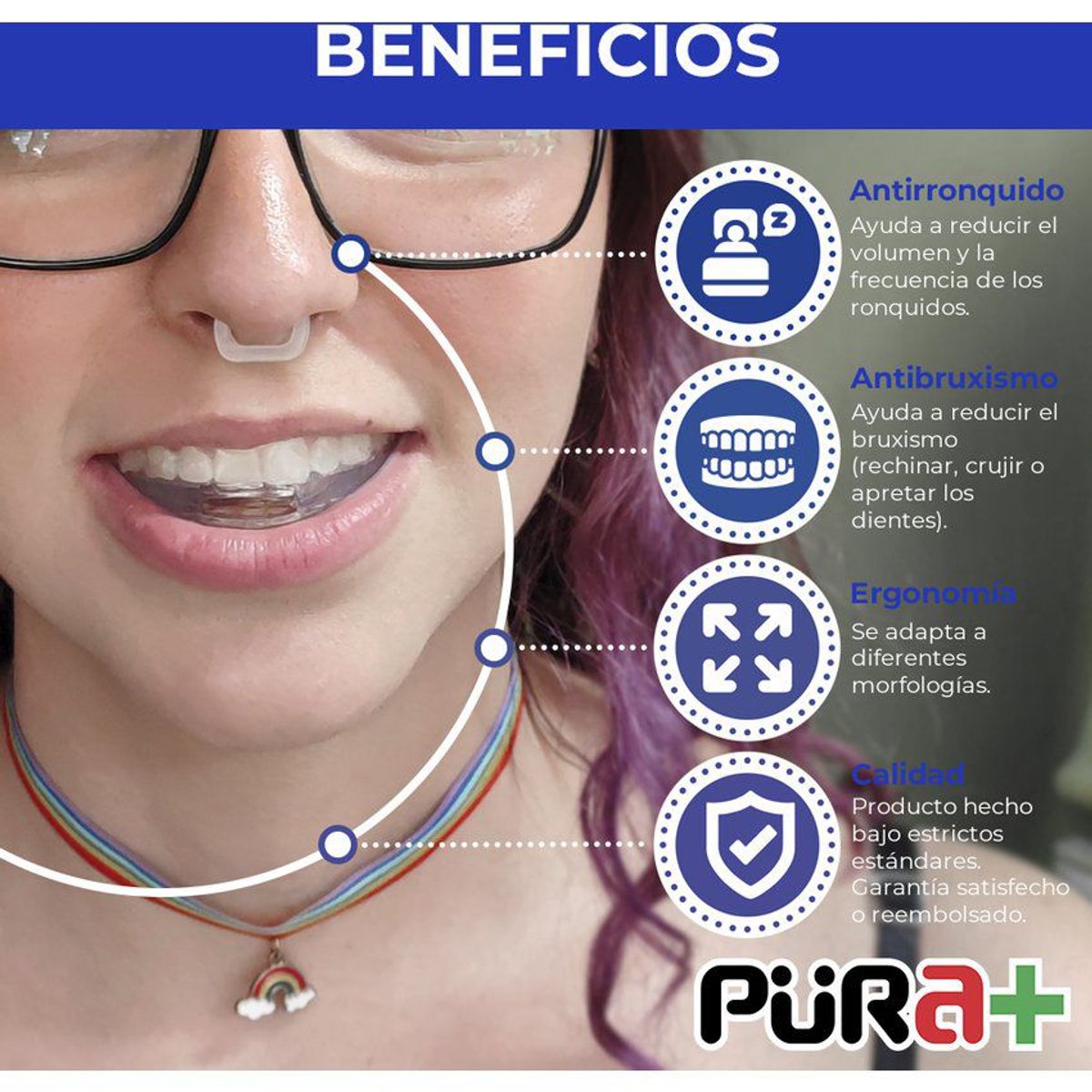 PURA - Kit antirronquidos pura doble pieza dental 2 clips nariz-