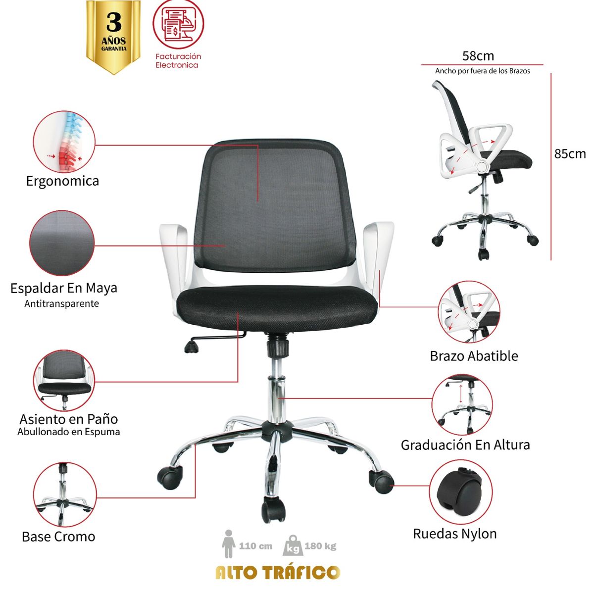 MUEBLESYA - Silla de Oficina y Escritorio El Agrado Mecanismo Basculante Brazos Fijos Ruedas Nylon y Base Cromada