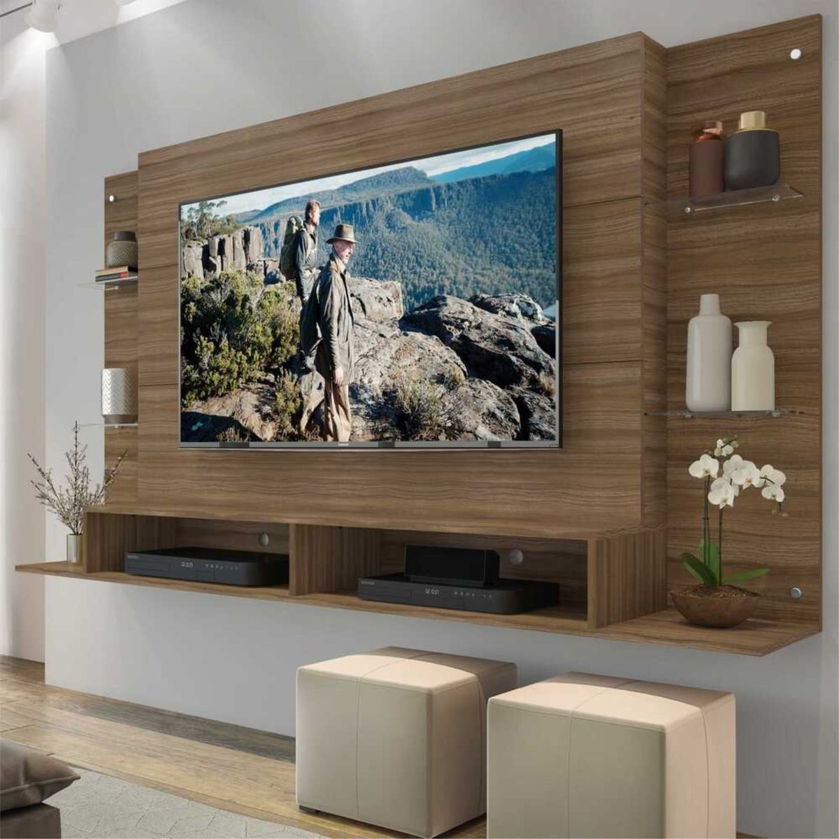 AKIVOY - Panel de Tv Braga Con Repisa de Vidrio Color Madera-