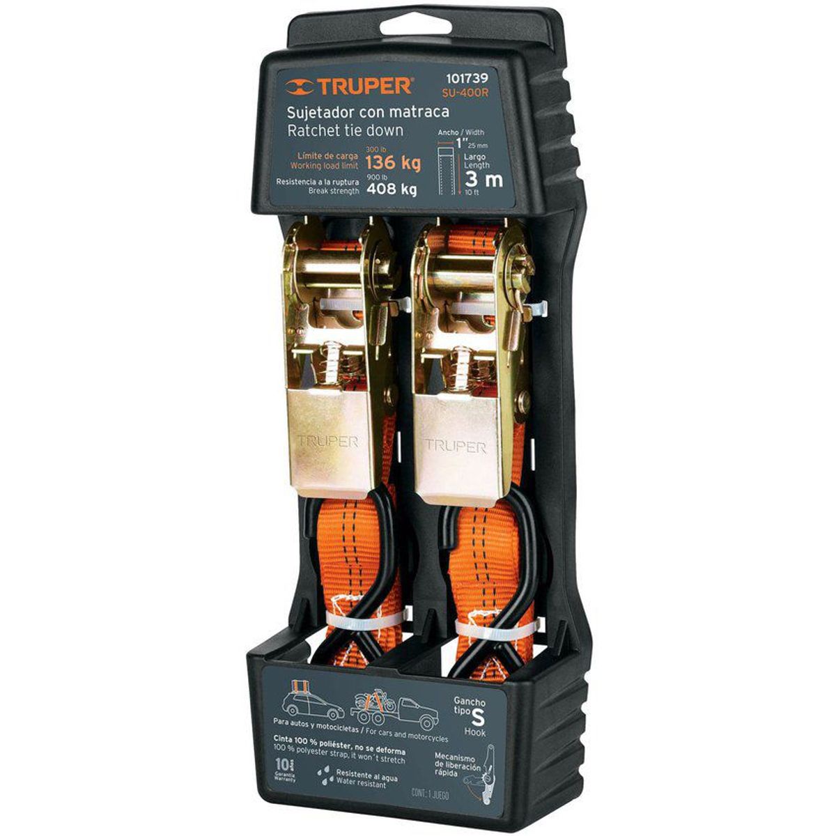 TRUPER - Set De 2 Eslingas Con Ratchet 408 Kg, 3 M, Gancho Tipo S Truper