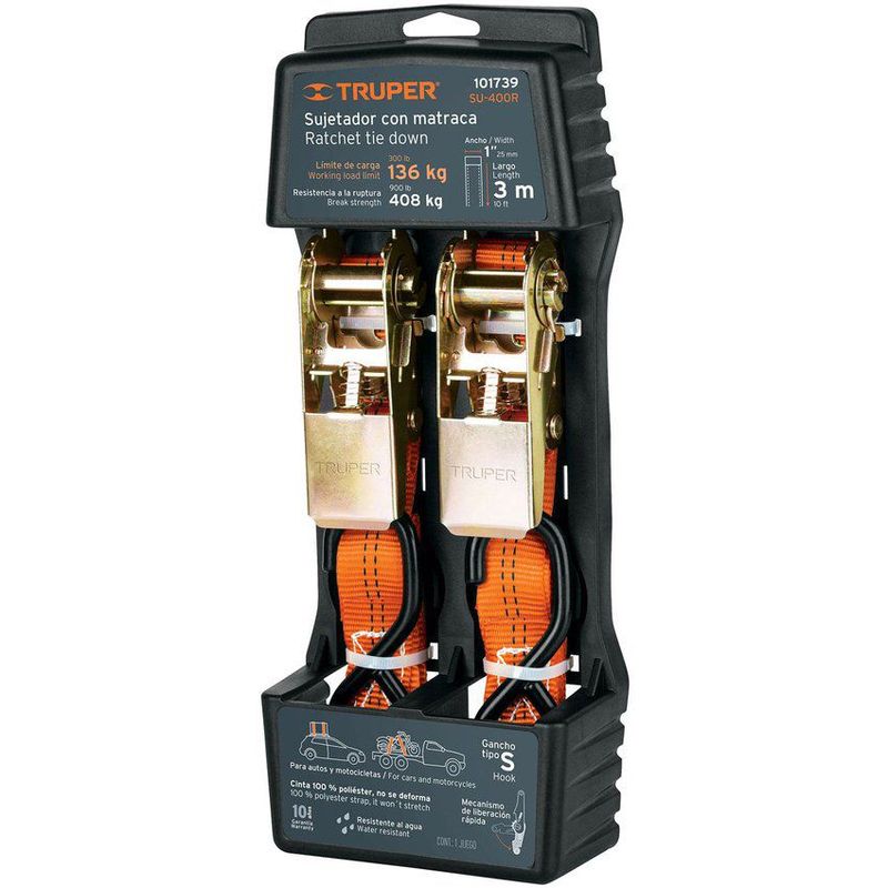 TRUPER - Set De 2 Eslingas Con Ratchet 408 Kg, 3 M, Gancho Tipo S Truper