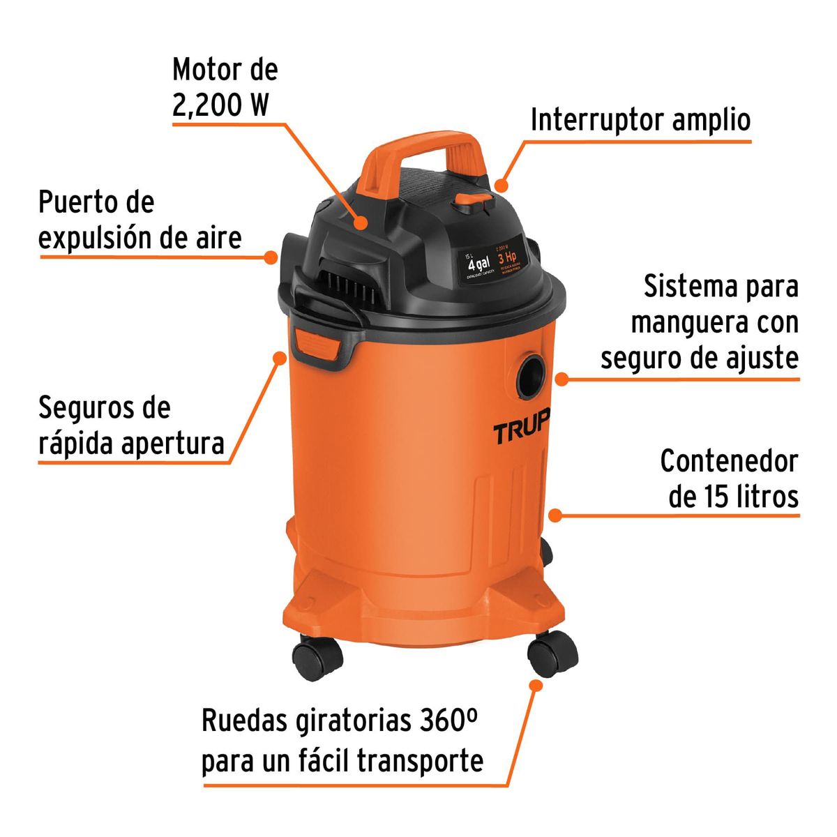 TRUPER - Aspiradora Sopladora 2.200 W De 15 L Para Sólidos Y Líquidos Truper