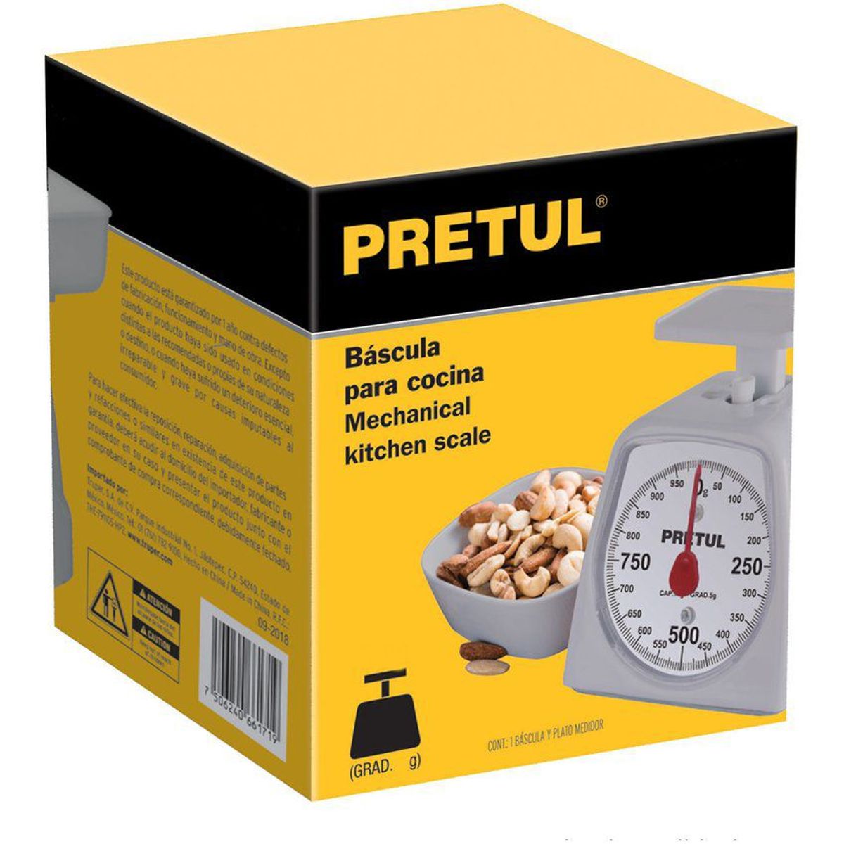 PRETUL - Báscula O Gramera Mecánica Plástica De 5 Kg, Incluye Charola Pretul